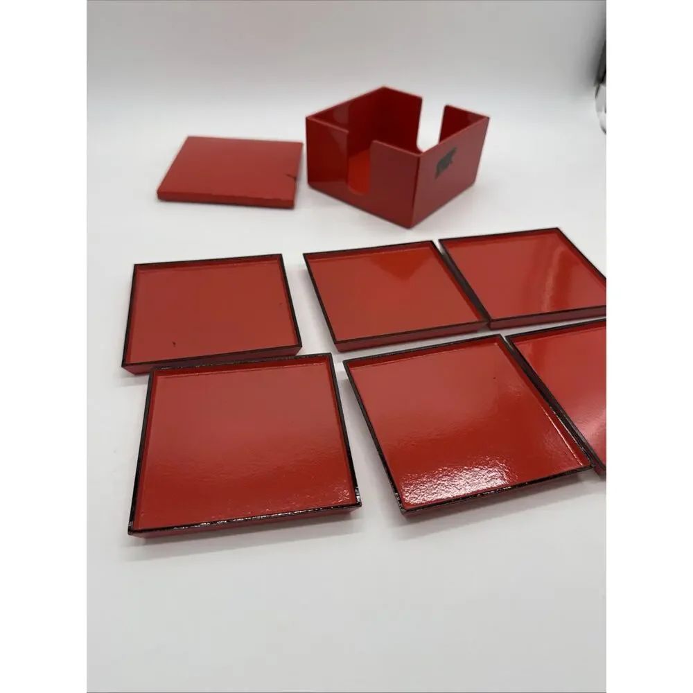 Vintage Katja for Prisma Japan Red Lacquer Coaster Set Box 7pc MCM Paint Wear